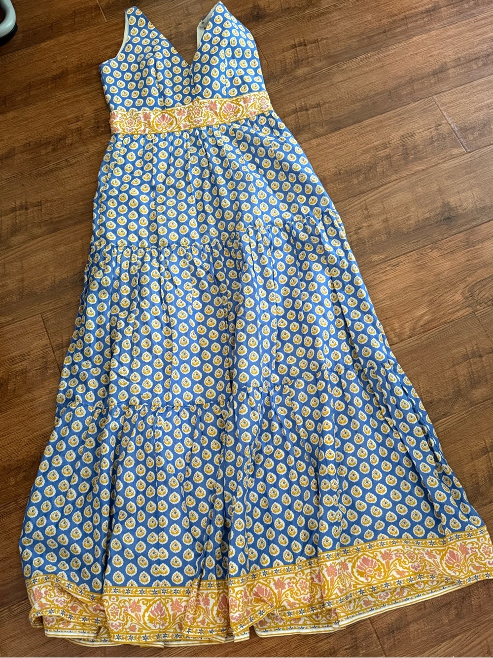 Point Sur (J. Crew) block print tiered maxi dress blue white yellow womens 4 - Picture 3 of 15